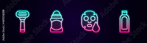 Set line Shaving razor, Deodorant roll, Facial cosmetic mask and Bottle of shampoo. Glowing neon icon. Vector