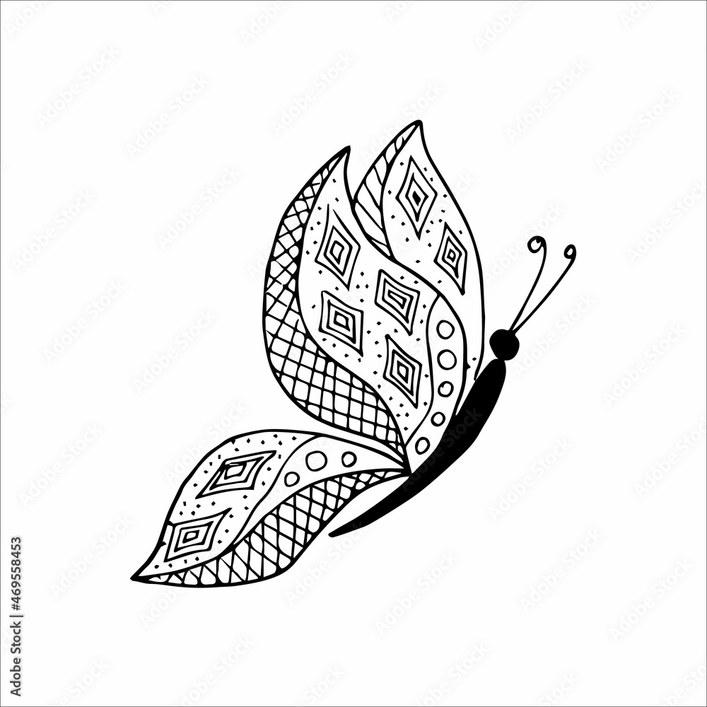 Hand-drawn butterfly doodle element for coloring, invitation, postcard ...