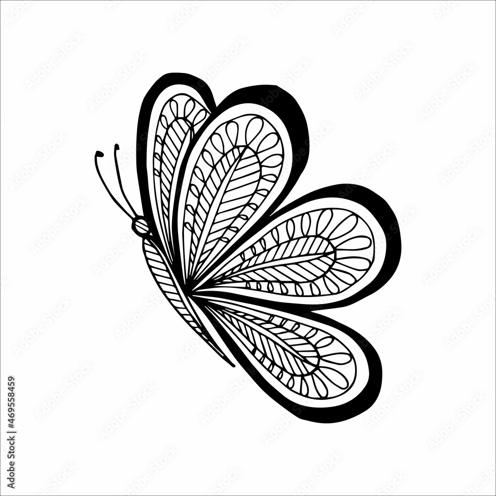 Hand-drawn butterfly doodle element for coloring, invitation, postcard ...