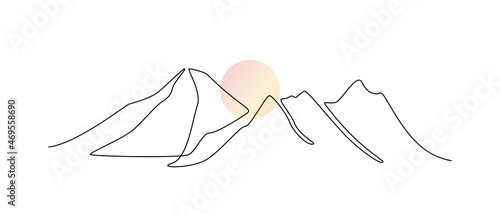 One continuous line drawing of mountain range landscape with color sun. Geometric hills and skyline in scandinavian simple linear style. Modern panoramic sketch. Doodle vector illustration