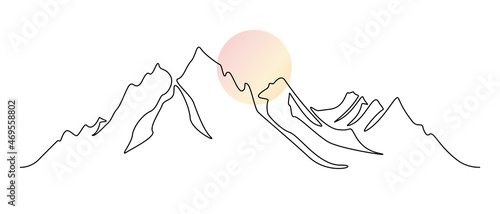 One continuous line drawing of mountain range landscape with color sun. Abstract hills and skyline in scandinavian simple linear style. Modern panoramic sketch. Doodle vector illustration