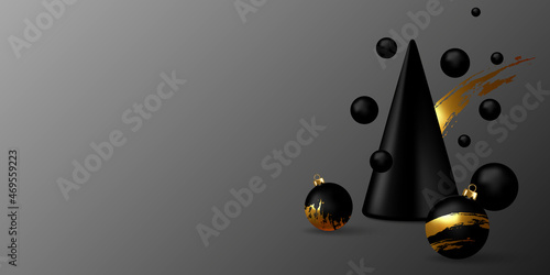 Merry Christmas and New Year background. Realistic 3d cone tree with levitation golden black christmas balls. Creative holiday design. Winter composition. Banner and web poster. Vector illustration