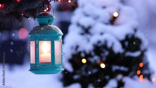 Christmas Lantern On Snow With Fir Branch. Winter Decoration Background