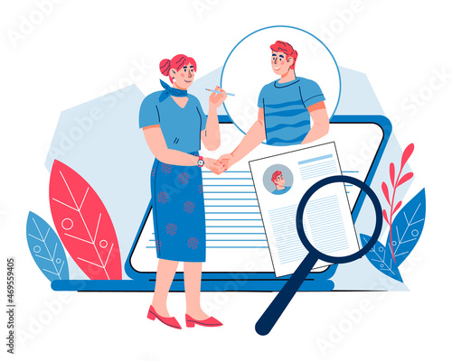 Hiring, recruitment and online interview concept. People searching job and recruitment agency searching candidates for vacancy in network, flat vector illustration isolated on white background.