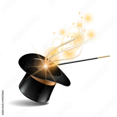 Magic hat and wand with magical gold sparkle trail