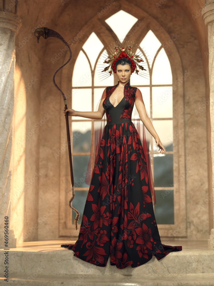 A 3d digital render of a woman in a black and red gown wearing an elaborate headress with a large staff standing in front of a stone window.