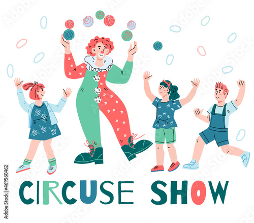 Circus show banner or poster template with clown juggler, cartoon vector.
