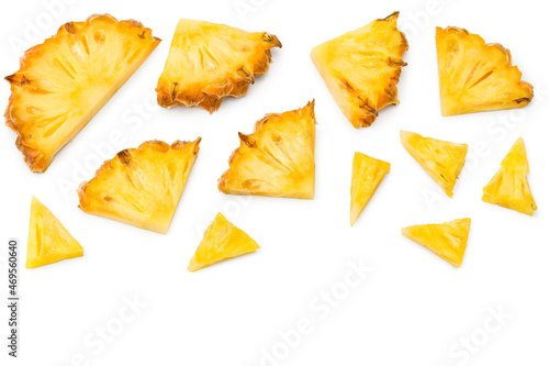 sliced pineapple isolated on white background. exotic fruit. clipping path. top view