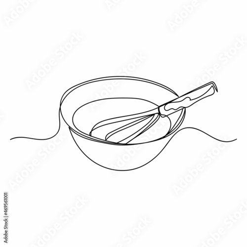 Vector continuous one single line drawing icon of bowl with whisk in silhouette on white background. Linear stylized.