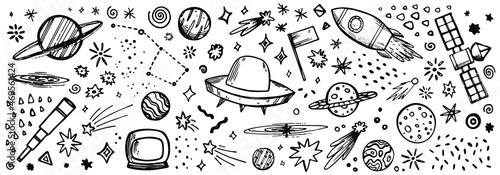 vector set of layered space elements: rocket, spaceship, shooting stars and comet, Milky Way, Moon, Mars, Saturn, Neptune, Mercury, Ursa Major, spyglass, confetti, Space probe, flag, astronaut, planet