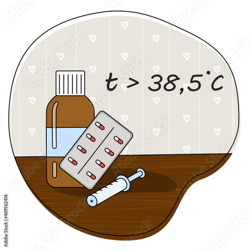 Antipyretic drugs, beating the temperature with a viral cold, fever syrup, cough syrup, tablets vector. Influenza treatment concept. Seasonal flu, infectious respiratory diseases, influenza viruses.