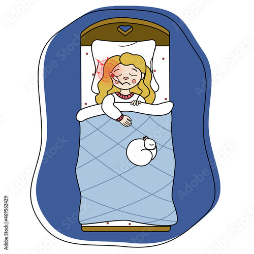 Sick girl measures temperature. The child fell ill with seasonal flu. Seasonal flu, infectious respiratory diseases, influenza viruses. The child is sick, the girl is sick