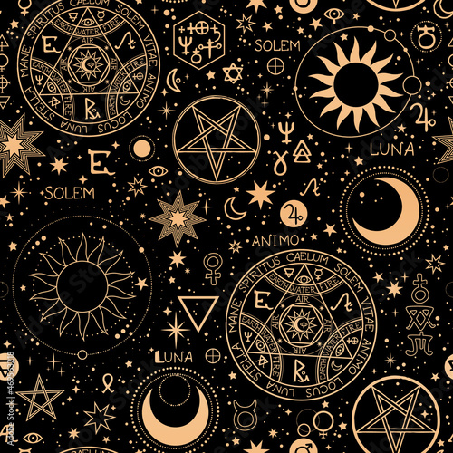 seamless esoteric pattern with different gold alchemical elements