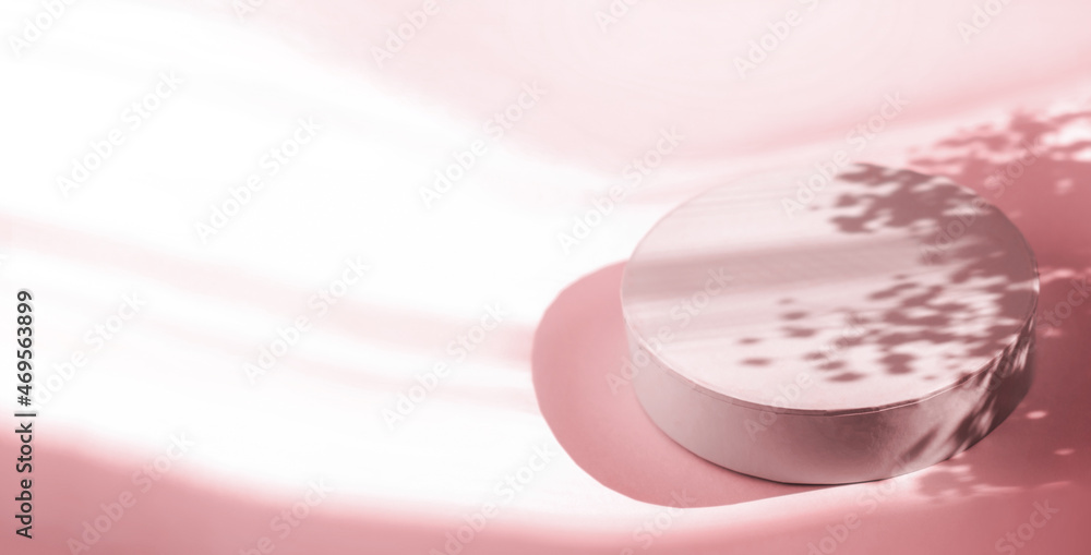 Podium for cosmetic product presentation. Abstract minimal form with geometrical form. Cylinder podium with Floral sunlight shadow. Scene to show products. Showcase, display case. Banner, top view Podium for cosmetic product presentation. Abstract minimal form with geometrical form. Cylinder podium with Floral sunlight shadow. Scene to show products. Showcase, display case. Banner, top view