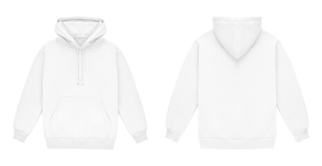 Template blank flat white hoodie. Hoodie sweatshirt with long sleeve flatlay mockup for design and print. Hoody front and back top view isolated on white background