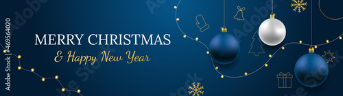 Merry Christmas and Happy New Year vector banner. Realistic rose gold and blue baubles, snowflakes hanging on dark blue background with realistic garland. Background with gold Christmas icon