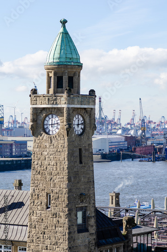 The clock tower of St. Pauli Landungsbruecken in Hamburg, Germany