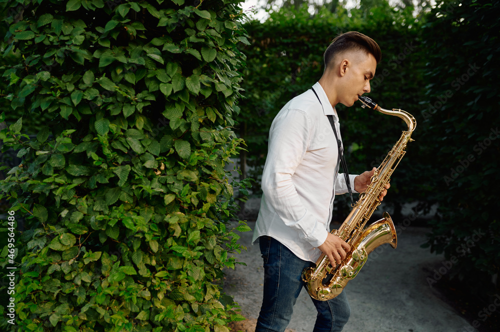 Fototapeta premium Male saxophonist plays on the alley in summer park