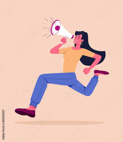 Announcement or advertisement. Woman with megaphone in her hands runs down street and attracts new customers and users. Employee of PR agency increases company sales. Cartoon flat vector illustration