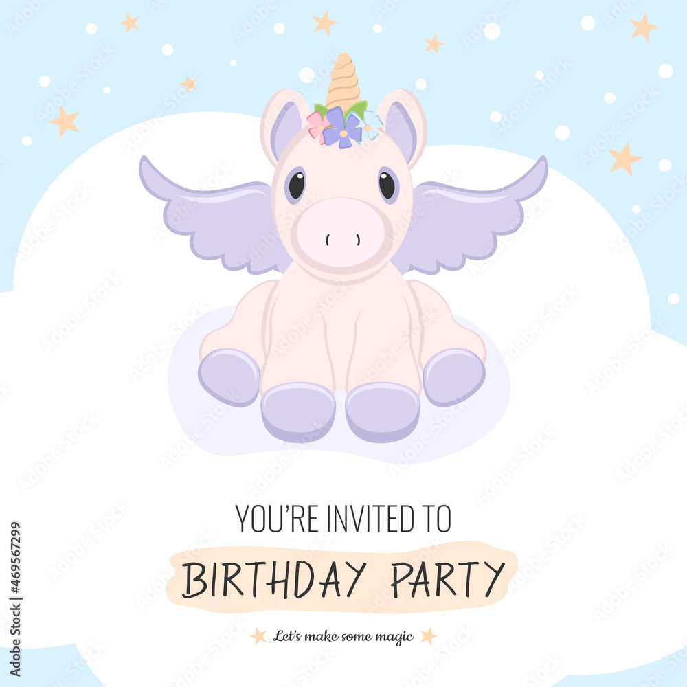 Invitation background with unicorn sitting on cloud for birthday party