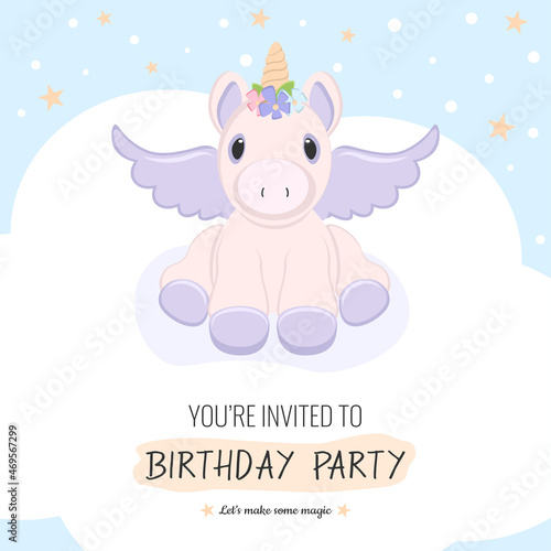 Invitation background with unicorn sitting on cloud for birthday party
