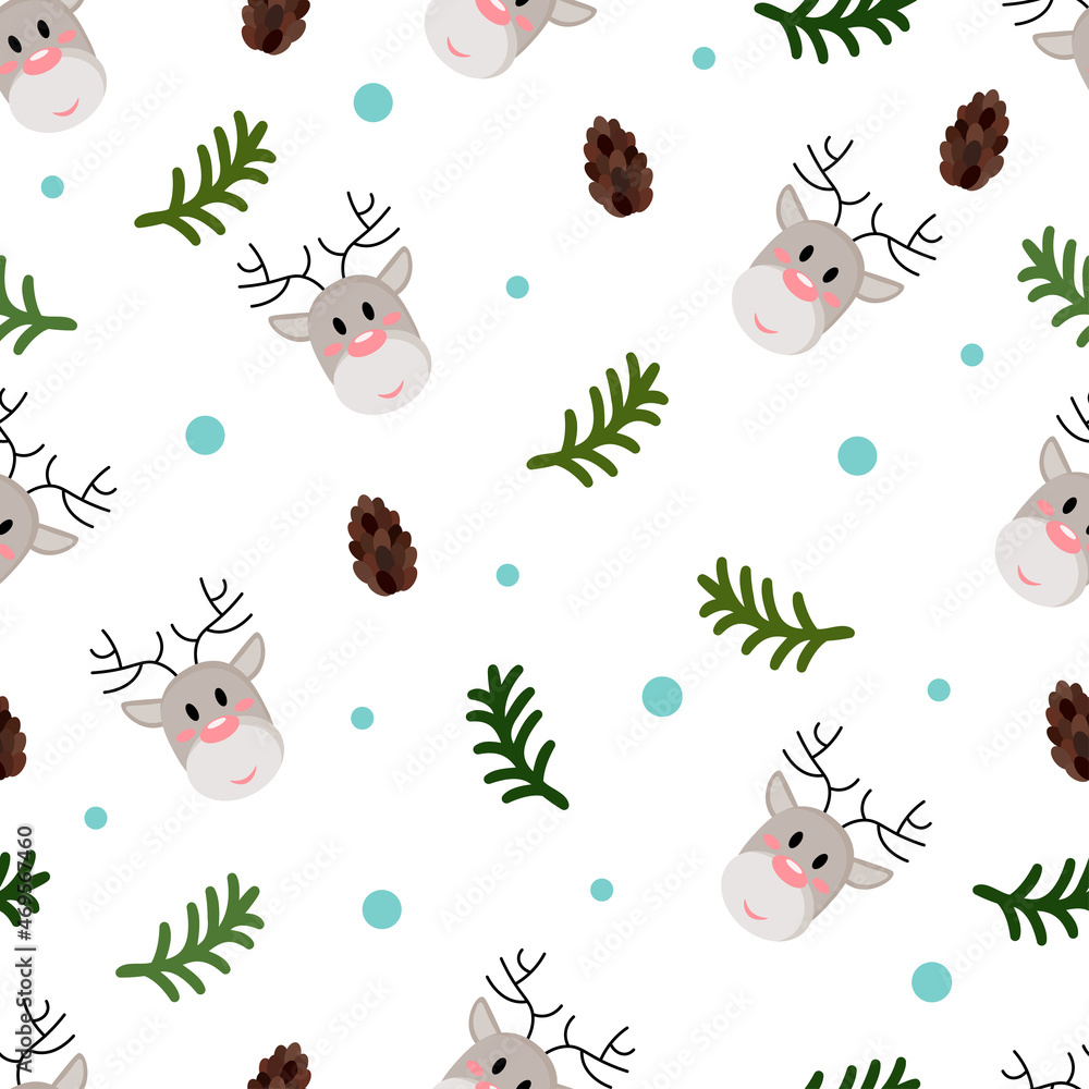 Obraz premium Christmas seamless pattern with deer heads, spruce branches and cones on white background