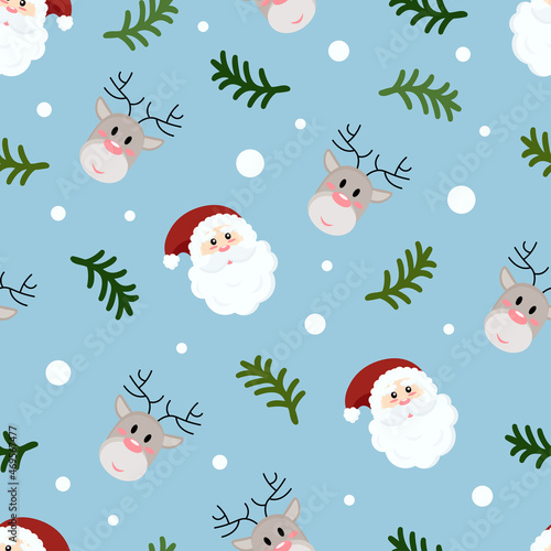 Christmas seamless pattern with Santa Claus heads, spruce branches and deer heads on blue background
