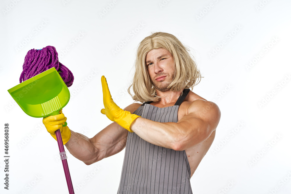 Muscled Man in Womens Wig Mop Cleaning Housework Muscled Man in Womens Wig Mop Cleaning Housework