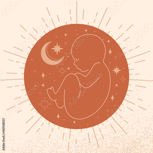 Newborn baby concept. Elegant silhouette of small child in fetal position. Big red sun with stars and baby. Motherhood and care. Design element for postcards. Cartoon flat vector illustration