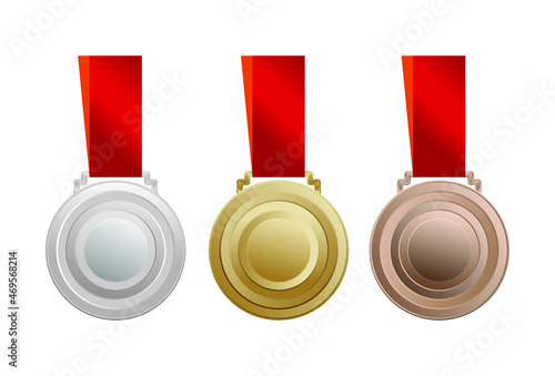 Vector illustration, Set of championship medals, silver, gold and bronze. isolated white background