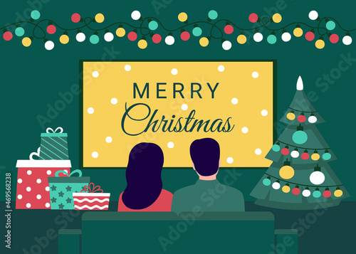 Family is celebrating holiday Christmas at home and watch TV. Pair sit on sofa together in decorated room house. Cozy Christmas atmosphere. Vector flat illustration