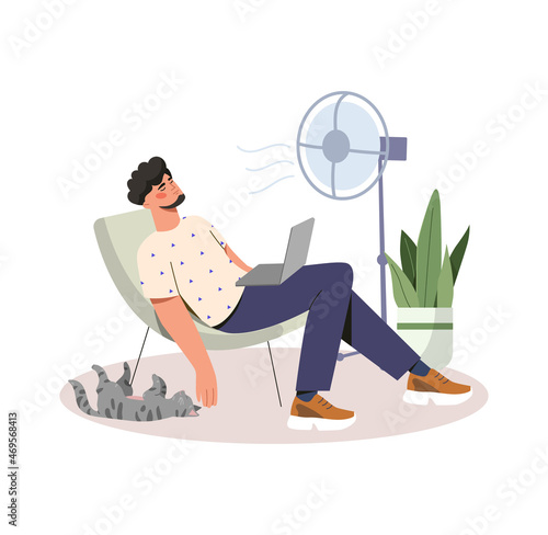 Work in hot weather concept. Young tired employee sits on chair and escapes from heat with help of fan. Bearded man with laptop. High air temperature. Cartoon contemporary flat vector illustration