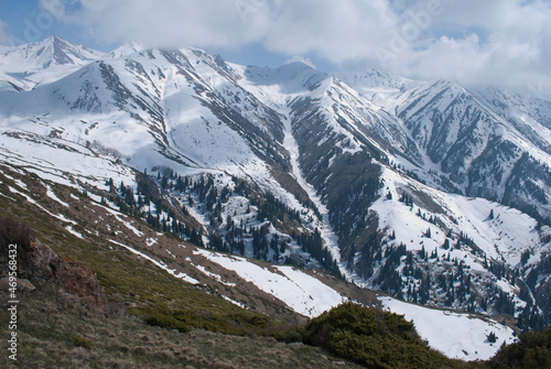 Snowy mountain ranges in Alatau near Almaty, Kazakhstan