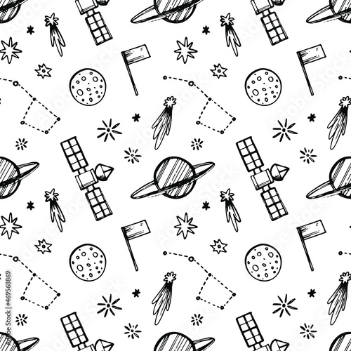 seamless vector pattern with hand drawn doodle style space and galaxy elements: shooting stars and comet, Milky Way, Moon, Saturn, Ursa Major, Space probe, flag. Beautiful modern cute tech background