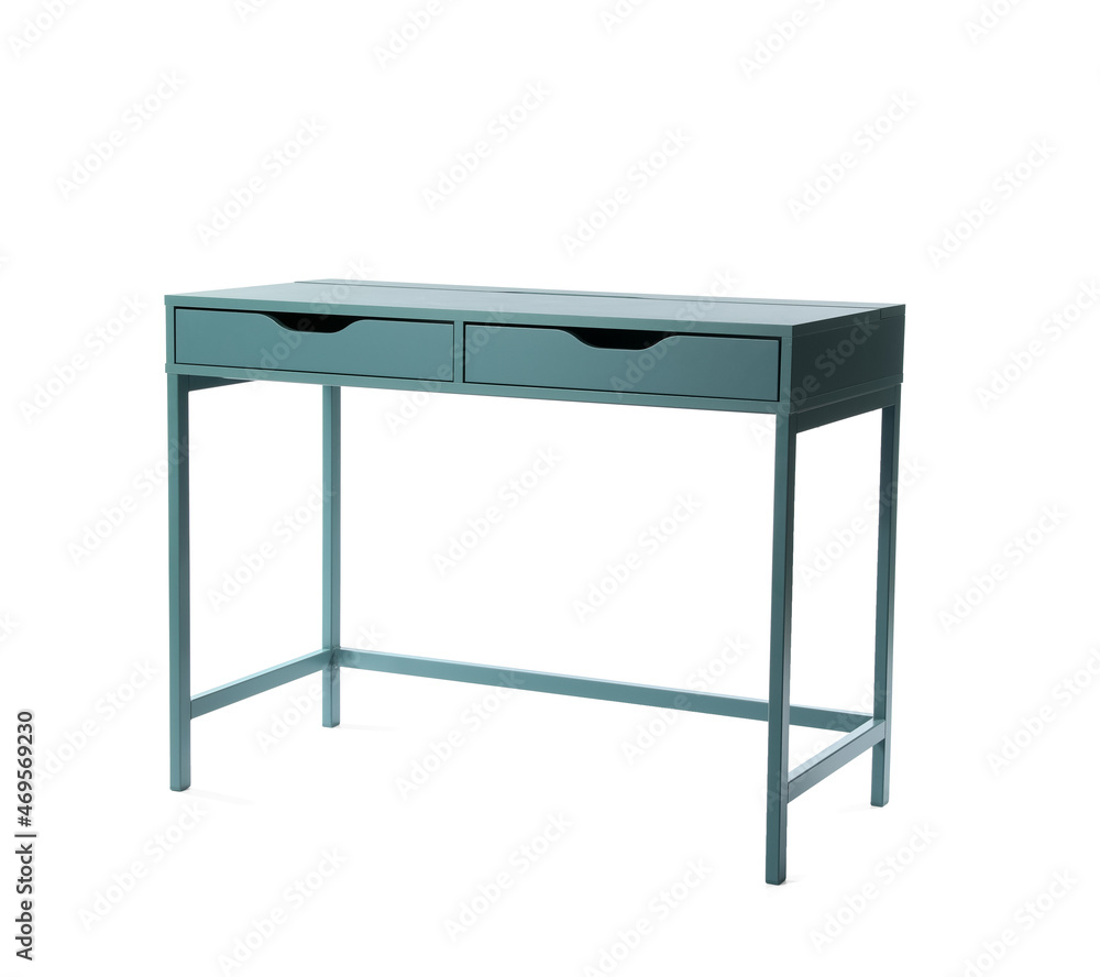 Modern table with drawers on white background