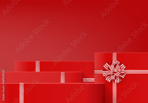 3d background gift box with red bow display product for Christmas. Product display background vector 3d rendering with minimal podium studio. stand for cosmetic on red gift box in new year day