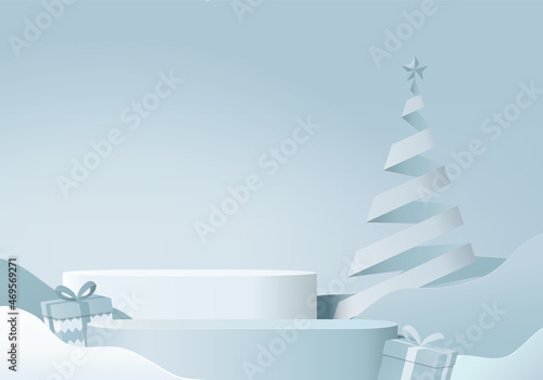 Christmas 3d minimal rendered scene with gift box and podium platform. Christmas tree background vector 3d rendering with gold podium. stand to show products. Christmas 3d showcase on pedestal blue