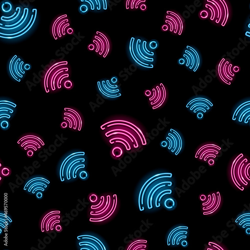 Neon wi-fi seamless pattern with blue and pink icons on black background. Wireless, internet, web, wifi concept. Vector 10 EPS illustration.