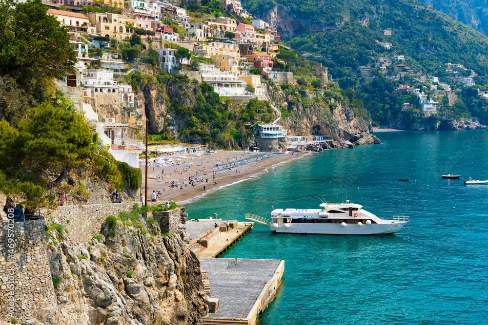 Beautiful Positano on hills leading down to coast and azure sea on Amalfi Coast in Campania, Italy.