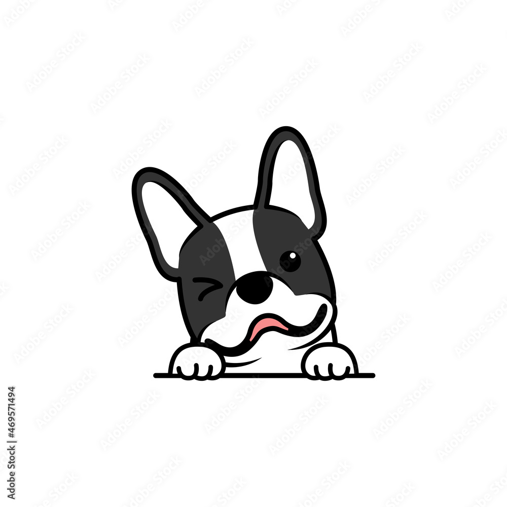 Cute french bulldog puppy winking eye cartoon, vector illustration