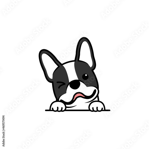 Cute french bulldog puppy winking eye cartoon, vector illustration