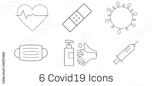 Vector set of six Covid-19 Icons including face mask, hand sanitizer, vaccine needle, Band-Aid and germ. Sickness. Global Pandemic. Protect yourself and others. 