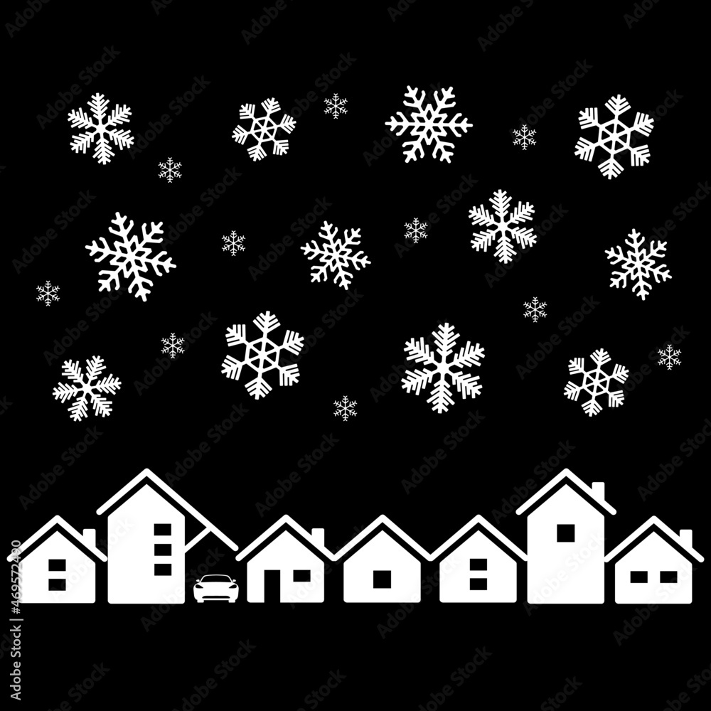Snowy winter town landscape and skyline. Panoramic view of architecture of small town and falling snowflakes. Vector Illustration