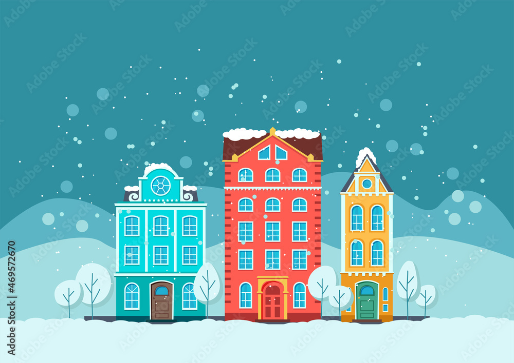 Winter cityscape. Vector illustration with cute houses. Bright blue, red, yellow buildings, snowfall, snowflakes. New year banner template in flat style.