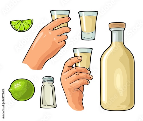 Male hand holding glass tequila. Vintage vector engraving