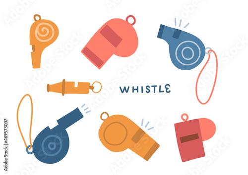Whistle icon set. Flat hand drawn collection of whistle icons for web design isolated on white background. Vector design.