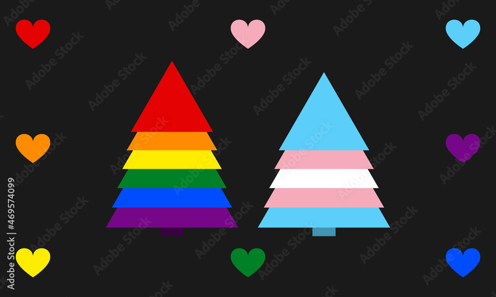 New Year trees in colors of LGBT and transgender flags isolated on black background. New Year trees in colors of LGBT and transgender flags isolated on black background.