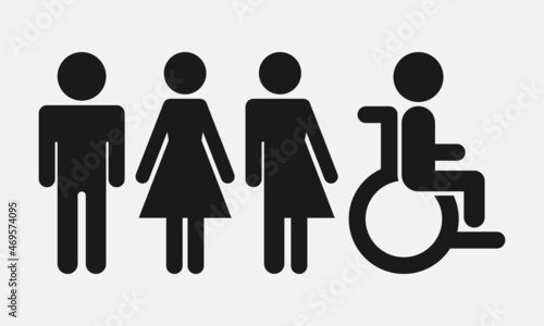 Male, female, unisex (gender-neutral) and persons with a disability vector symbols isolated on white background.