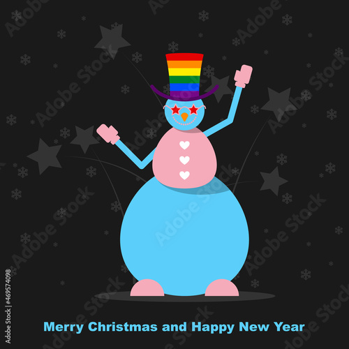 Snowan in rainbow hat wish you Merry Christmas and Happy New Year. photo