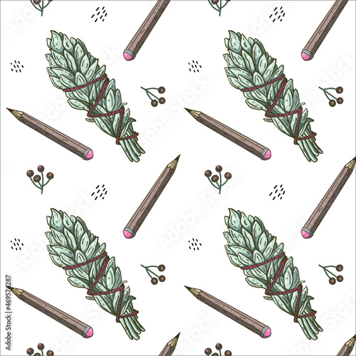 Boho seamless pattern with smudge stick and pencil. Adorable pattern with witchy staff, smudge, wild berries and elements